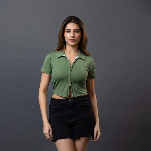 Polo Collar Double Zipper Green Top