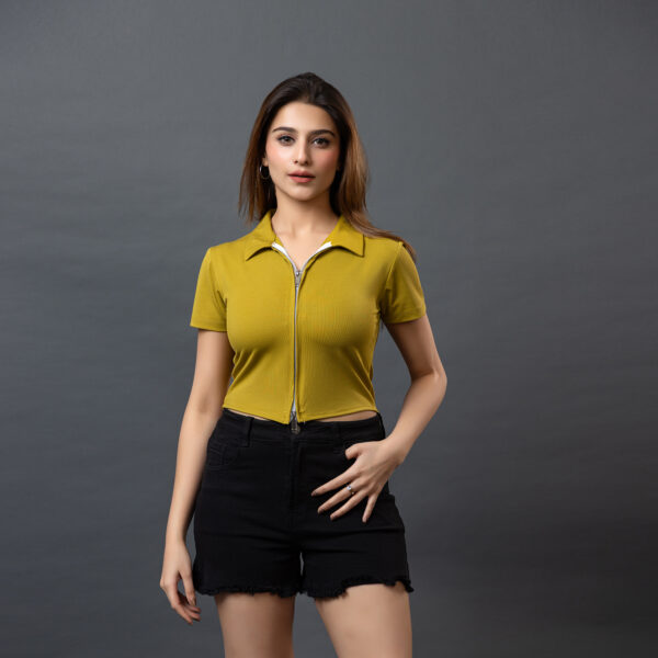 Polo Collar Double Zipper Mustard Top