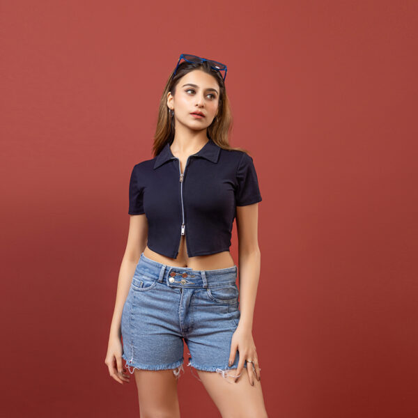 Polo Collar Double Zipper Navy Blue Top