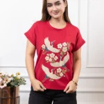 Cranes In Bloom 3D Graphic printed Pearl Detailing T-shirt