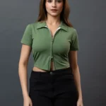 Polo Collar Double Zipper Green Top