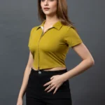 Polo Collar Double Zipper Mustard Top
