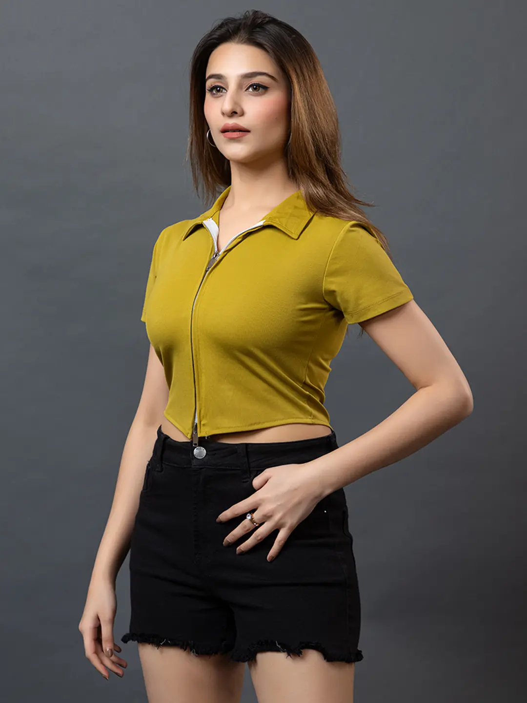 Polo Collar Double Zipper Mustard Top
