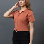 Polo Collar Double Zipper Rust Top