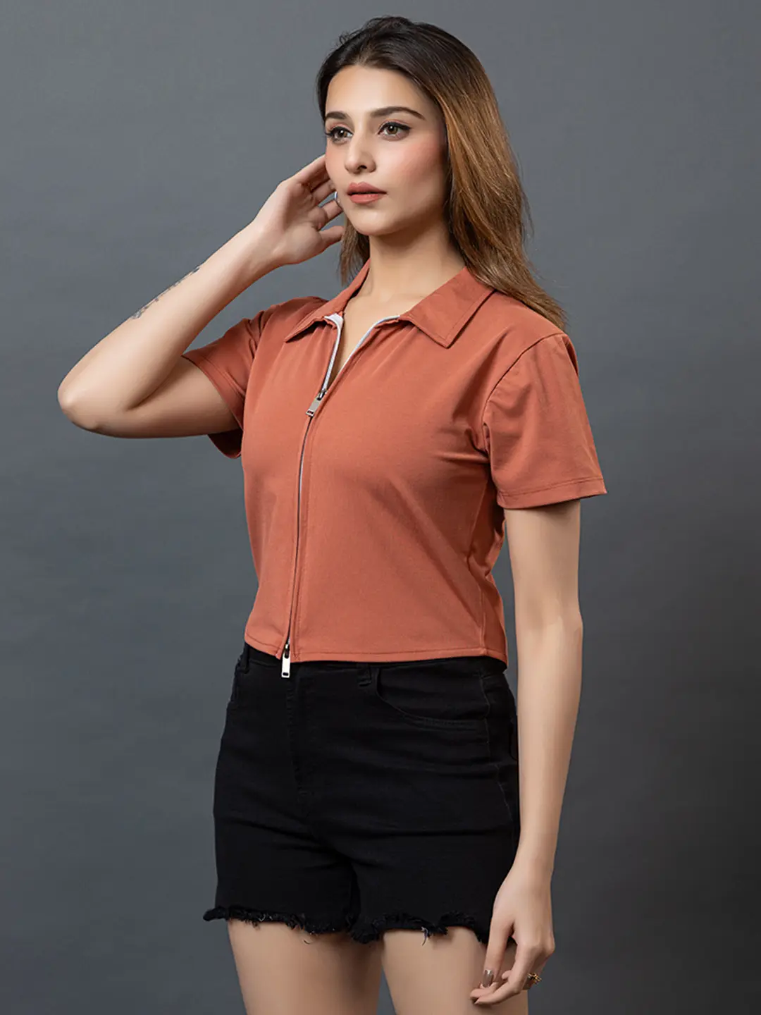 Polo Collar Double Zipper Rust Top