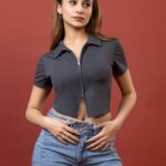 Polo Collar Double Zipper Grey Top