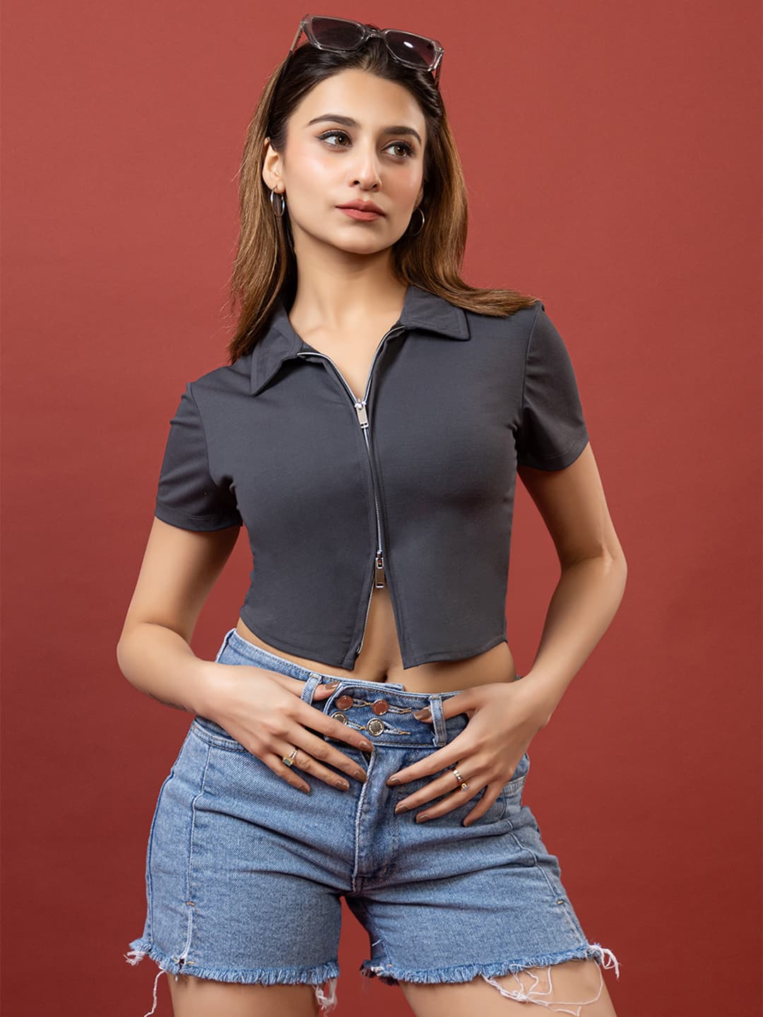 Polo Collar Double Zipper Grey Top