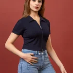 Polo Collar Double Zipper Navy Blue Top