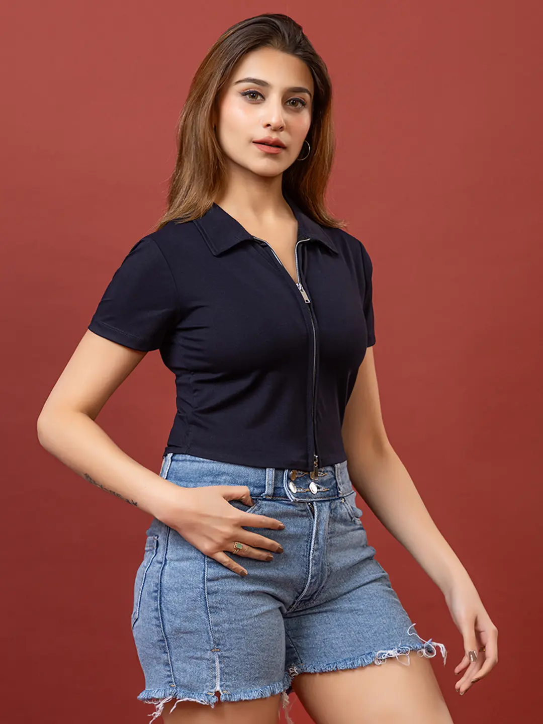 Polo Collar Double Zipper Navy Blue Top