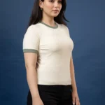 Cream Ribbed T-shirt With Green Mint
