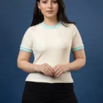 Cream Ribbed T-shirt With Sky Blue