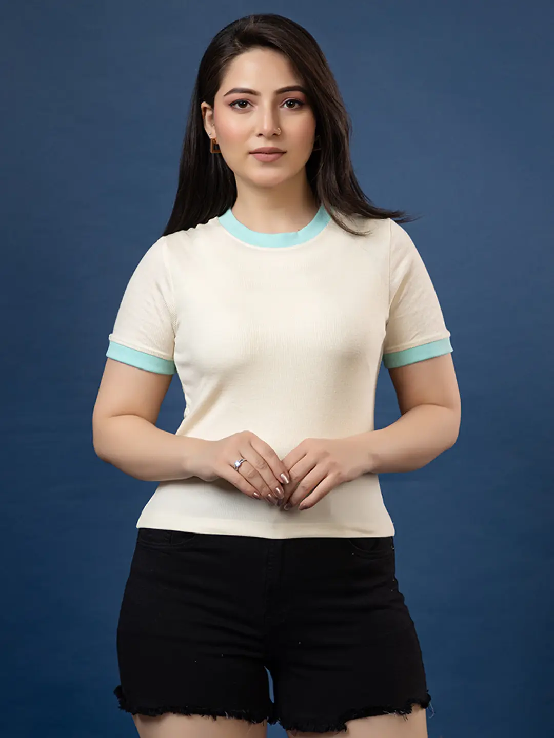 Cream Ribbed T-shirt With Sky Blue