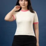 Cream Ribbed T-shirt With Pink Accents