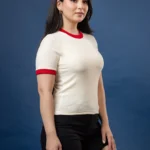 Cream Ribbed T-shirt With Red Accents