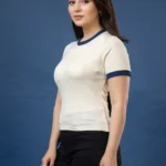 Cream Ribbed T-shirt With Navy Blue