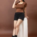 Scoop Neck Sleek & Stretchy Brown Crop Top