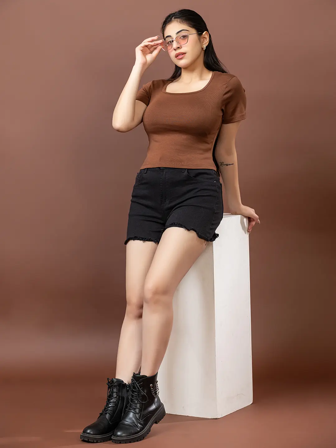 Scoop Neck Sleek & Stretchy Brown Crop Top
